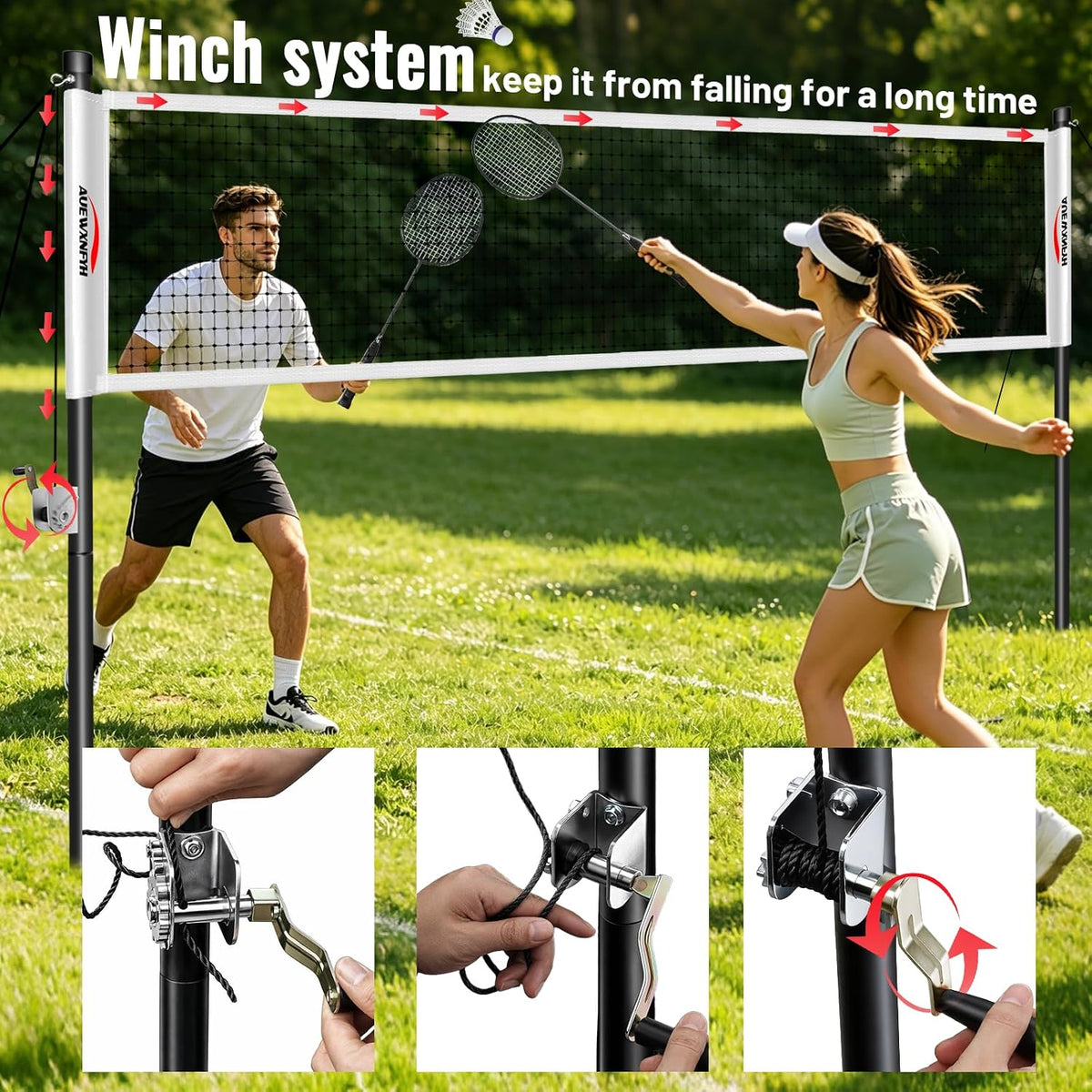 Portable Badminton Set, Heavy-Duty Outdoor Net with 4 Rackets, 3 Shuttlecocks & Boundary Line for Backyard Lawn Beach Family Games