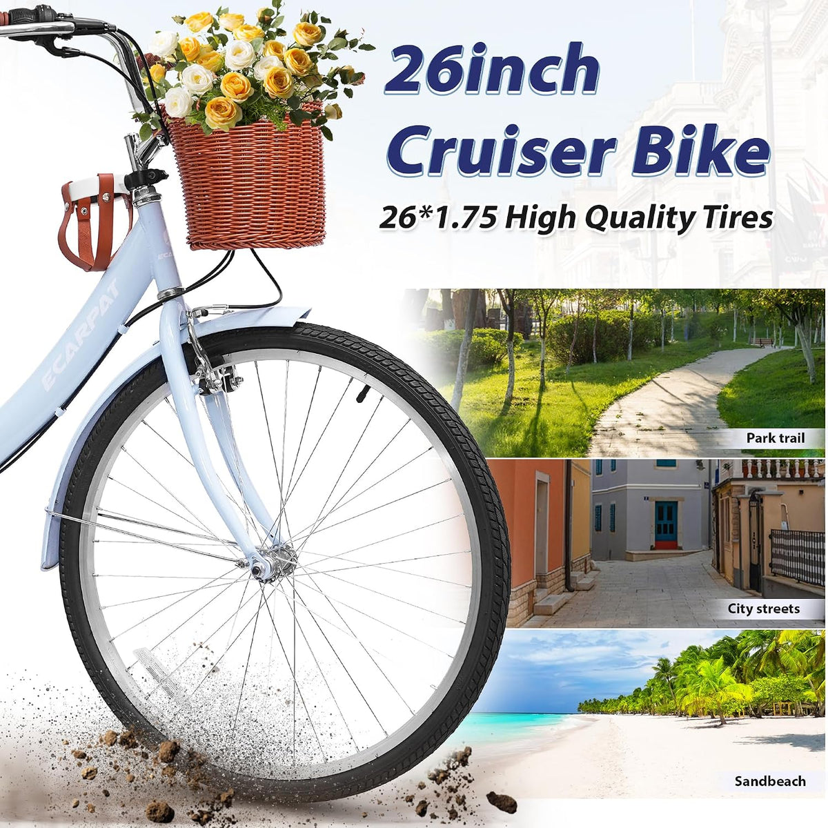 Ecarpat 26 Inch Folding Beach Cruiser Bike for Women, 7 Speed Comfortable City Bike with Rear Rack, Cup Holder and Basket, Steel Frame Commuter Foldable Bicycle with Dual V-Brakes for Adults