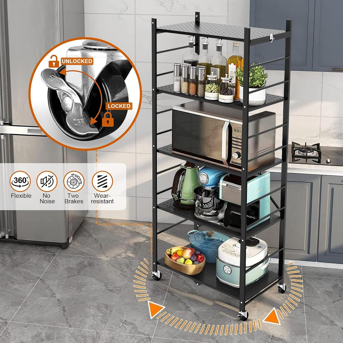 Himix 5-Tier Foldable Storage Shelves with 20 Hooks Wheels Kitchen Black