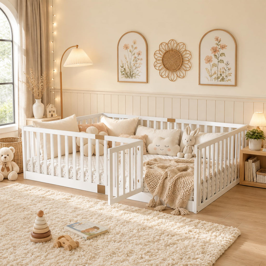 Twin Montessori Floor Bed with High Rails, Door & Slats for Kids, Natural