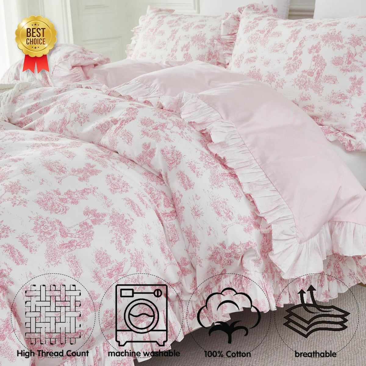 Brandream French Country Toile Queen Duvet Cover Set for Girl Women Bedroom Vintage Pink Toile Floral Print 100% Cotton Duvet Quilt Comforter Cover Pillow Shams Set with Delicate Ruffle Fringe