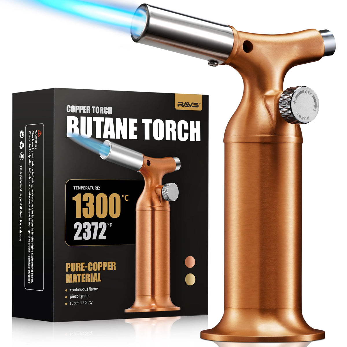 RAVS Butane Torch Lighter with Solid Copper Design, Food Torch for Cooking