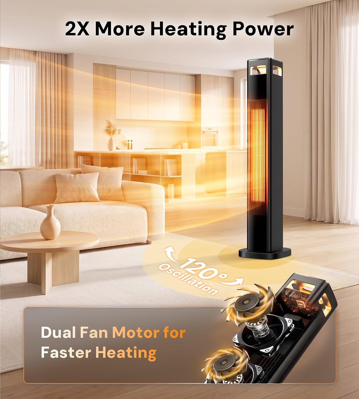 AKIRES Space Heaters for Indoor Use Large Room,1500W Electric Heater with Thermostat,4 Modes,120° Oscillation,24H Timer & Remote,Safety Protection,Fast Heating Portable Heater for Bedroom,Office,Black