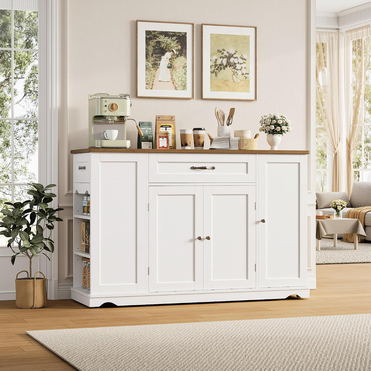 HOSTACK 47" W Kitchen Island Cart with Storage, Rolling Island Table, White