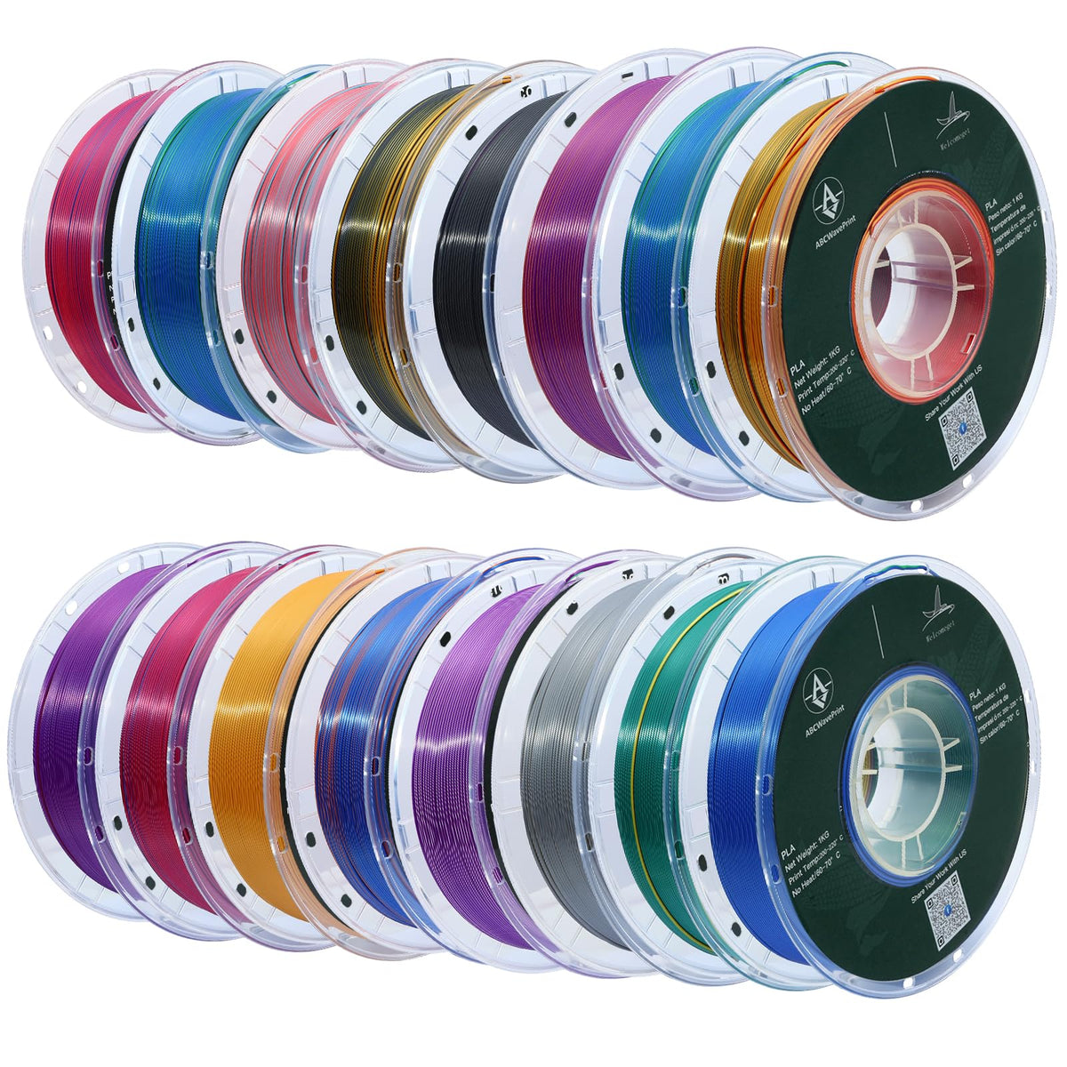 PLA 3D Printer Filament Bundle, Dimensional Accuracy +/- 0.02 mm, 16 x 1 kg Spool(35.2lbs), 1.75 mm，Black White Grey Red Green Blue Yellow Purple Silver Transparent Pink Orange Wood Brown