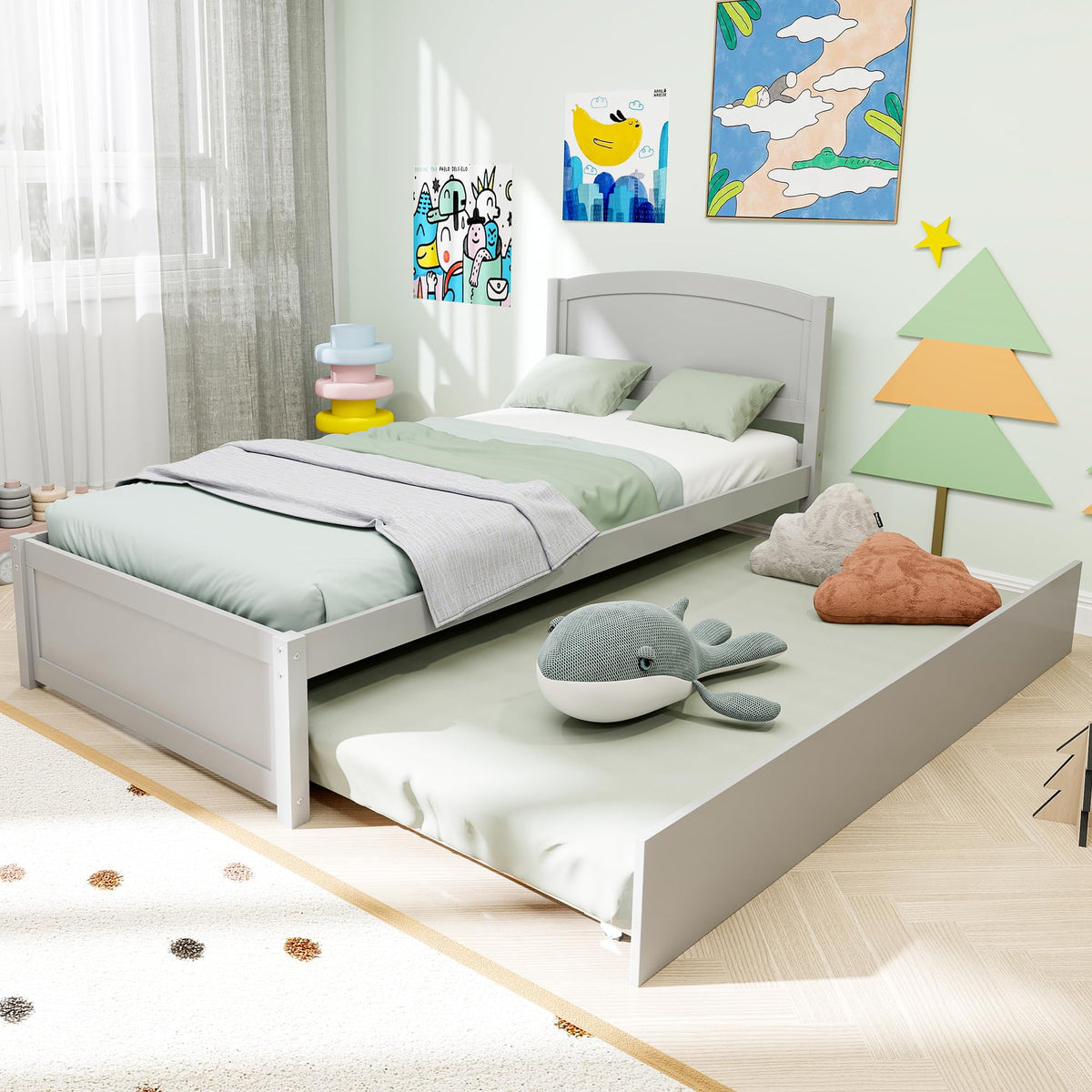 Twin Trundle Bed, Solid Wooden Pull Out Bedframe, Extendable Day Bed with Headboard and Soild Wood Slats Support, Bedroom, Living Room, Guest Room, No Box Spring Needed (White)