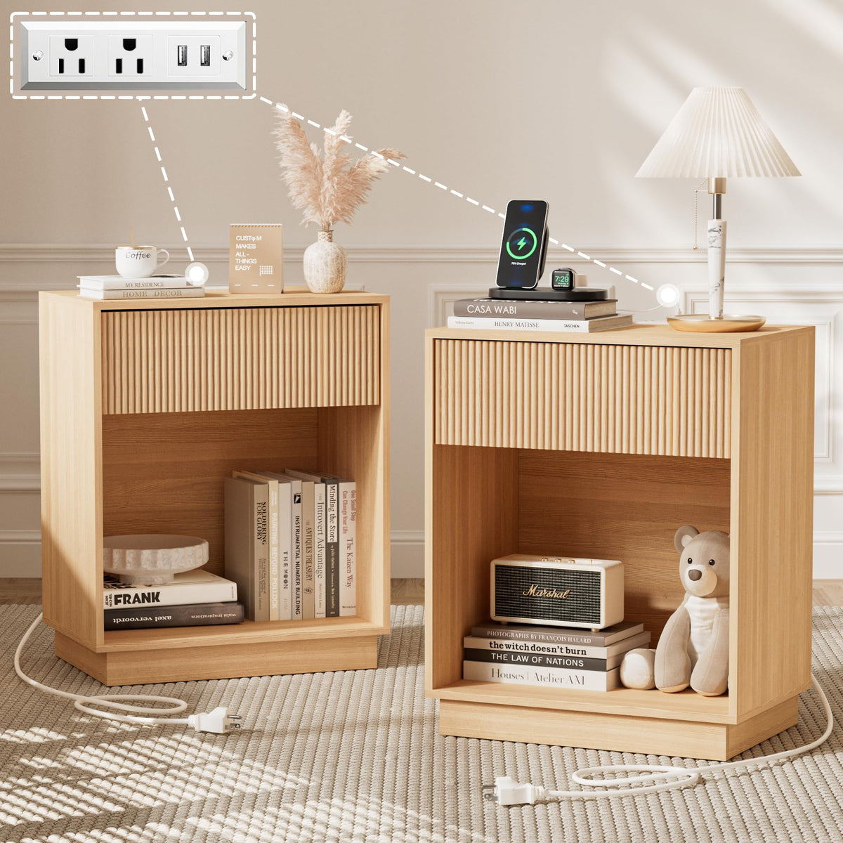 Fluted Nightstands Set of 2, Night Stand with Charging Station, Modern Bed Side Table with Drawer and Storage Shelf, Wood Mid Century End Table for Bedroom Living Room (Walnut)