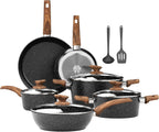 Kitchen Academy 12Pcs Induction Pots and Pans Set Non Stick, Black Cookware
