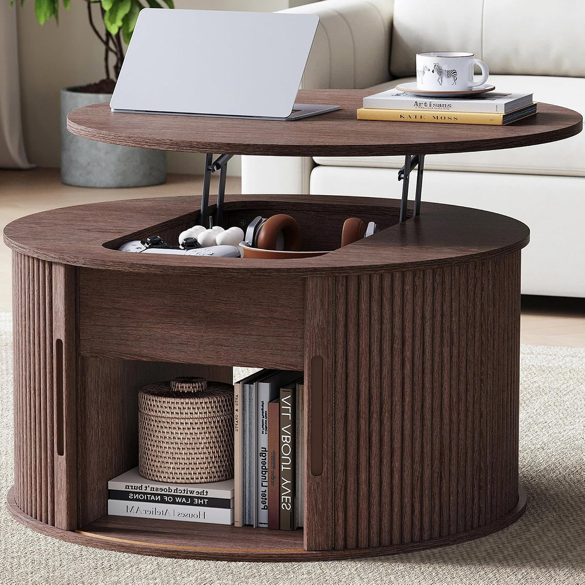 LINSY Lift Top Coffee Table, Round Fluted Coffee Table with Storage, Mid Century Modern Wooden Coffee Tables with Sliding Tambour Door, 31.5" Center Table for Living Room, Office, Small Space, Walnut