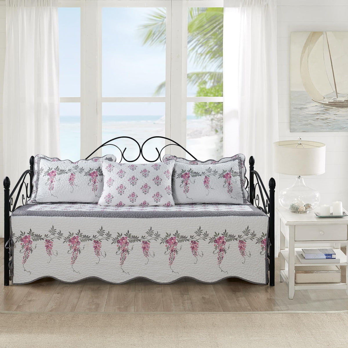 HESTIN 4Pcs Sky Blue Scallop Daybed Cover Set 75"x39" Petunia Embroidery