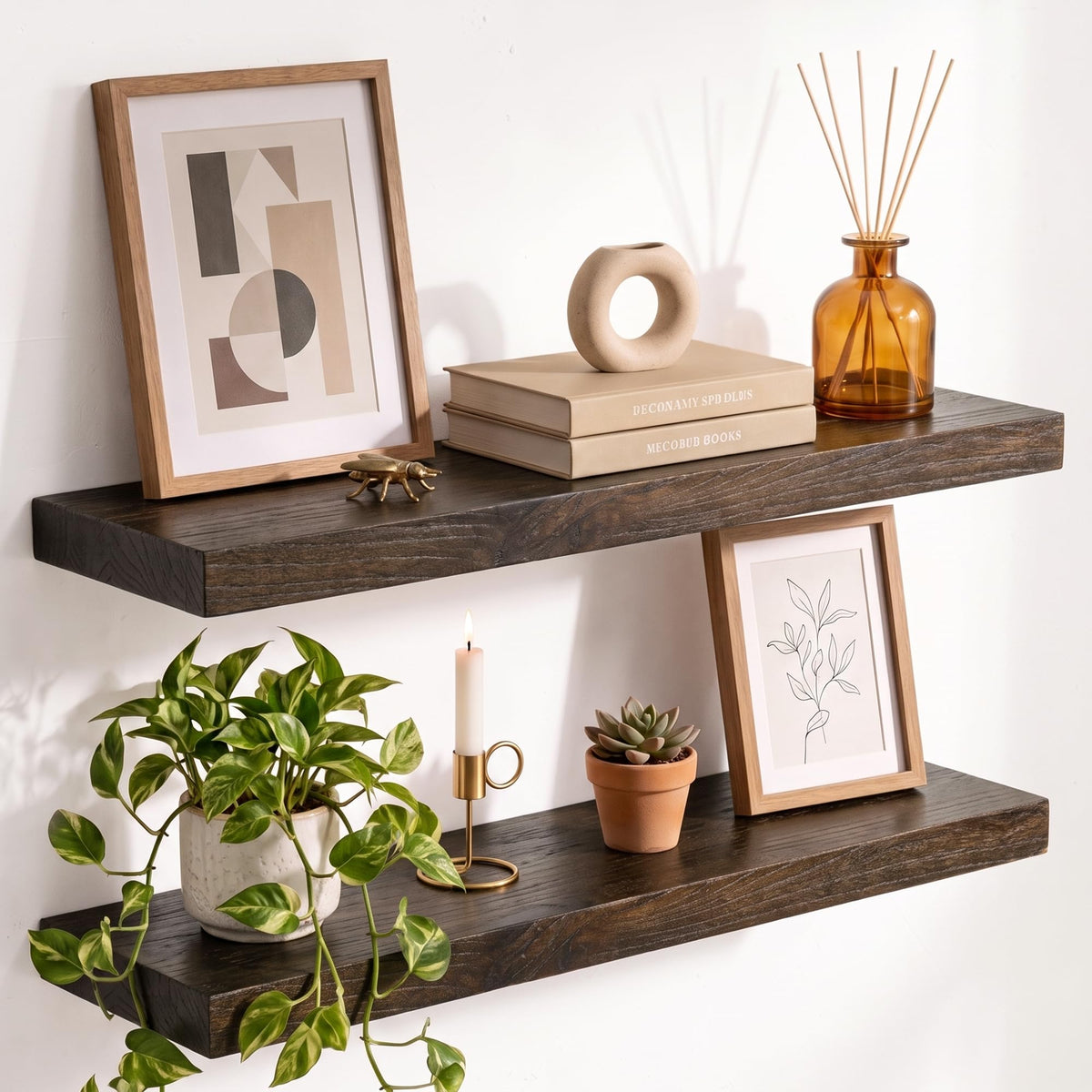 Live Edge Elm Floating Shelves - 24 In Rustic Solid Wood Shelves with Heavy-Duty Invisible Bracket, Wall-Mounted Wooden Shelf for Living Room, Bathroom, Kitchen Storage & Display, Set of 2, Natural