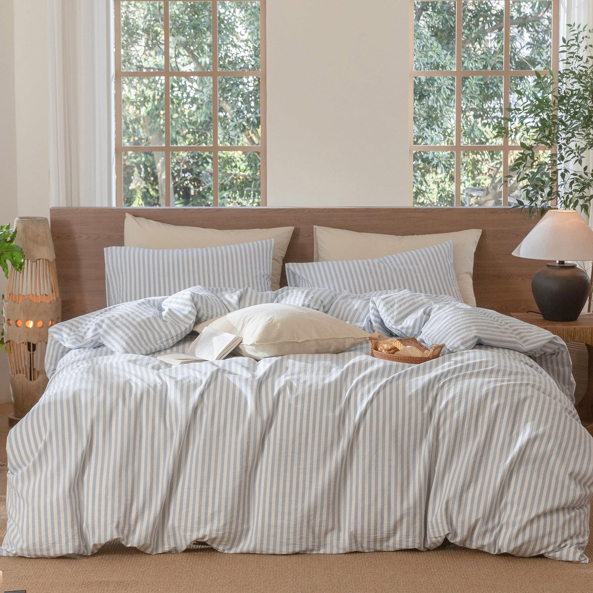 MooMee Striped Duvet Cover Set 100% Washed Cotton Linen Like Queen