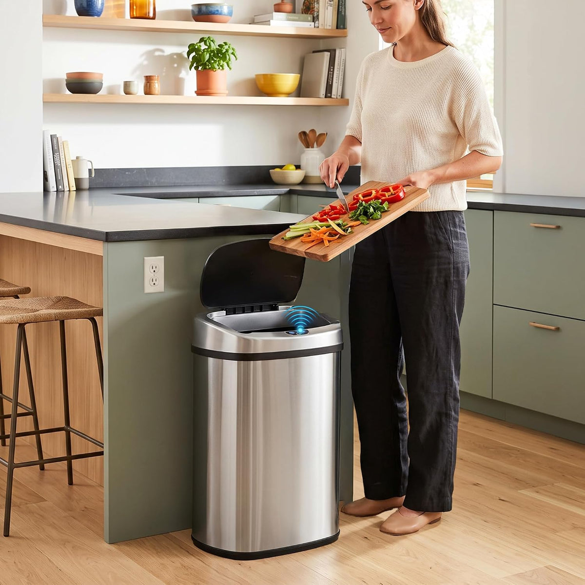 iTouchless Patented 13 G Stainless Steel Sensor Trash Can | AbsorbX Filter