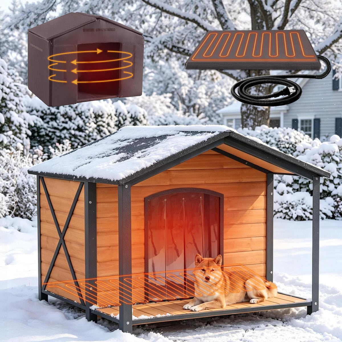 Extra Large Heated Dog House Outdoor with Full Iron Frame and Covered Porch