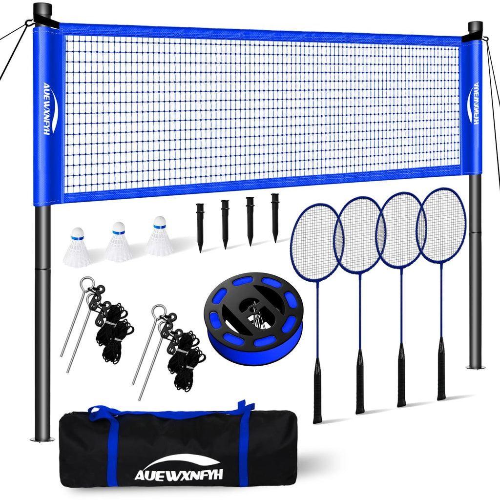 Portable Badminton Set, Heavy-Duty Outdoor Net with 4 Rackets, 3 Shuttlecocks & Boundary Line for Backyard Lawn Beach Family Games