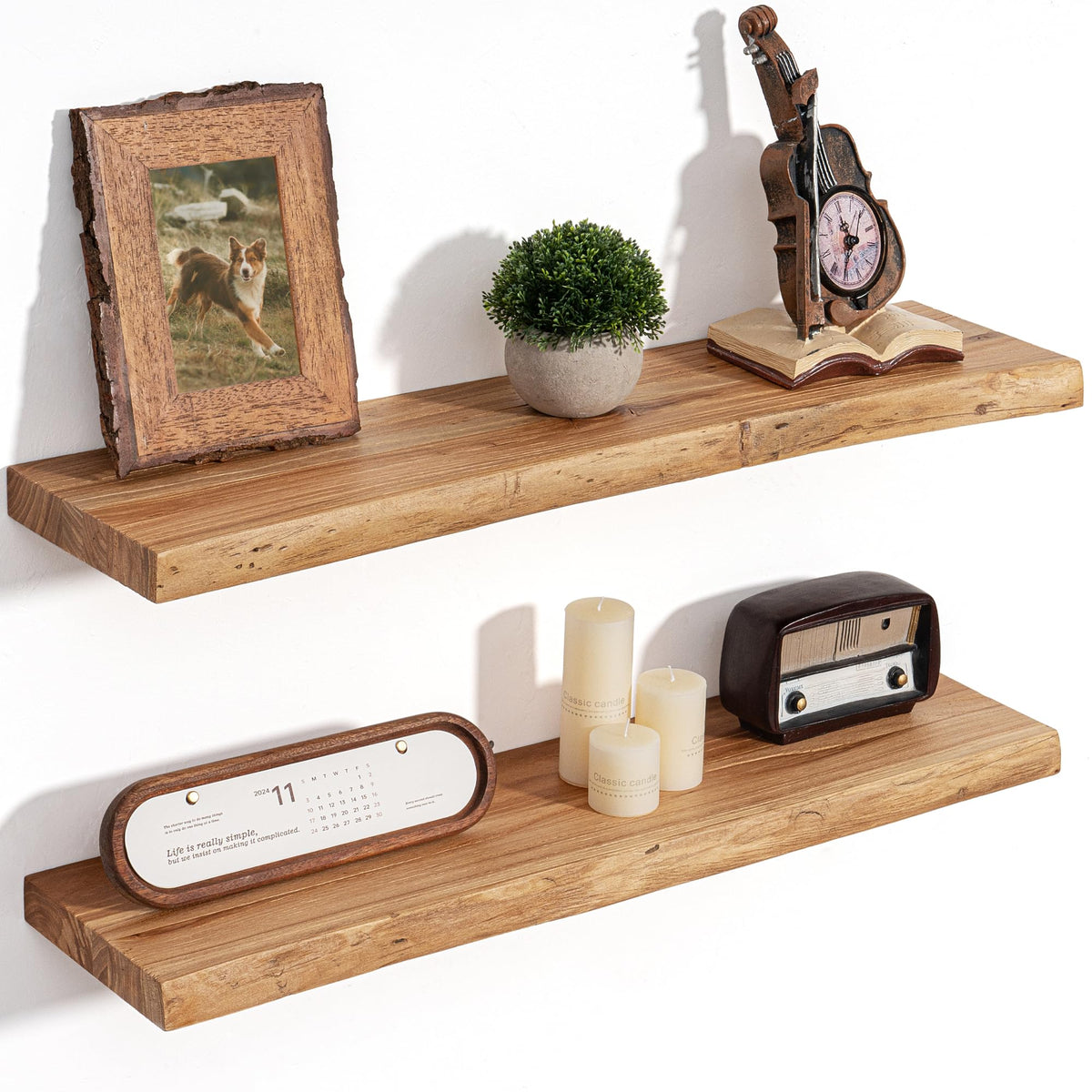 Floating Shelves for Wall, Solid Elm Wood Shelves, 24in Set of 2, Natural