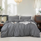 FOSSA Duvet Cover Set 100% Washed Cotton Linen Feel Queen
