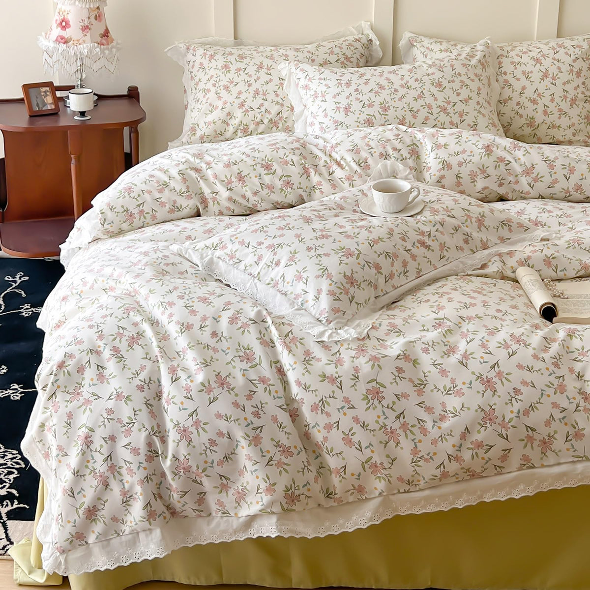 Floral Duvet Cover Set Muslin Cotton Queen(90"x90"),Pink Flower