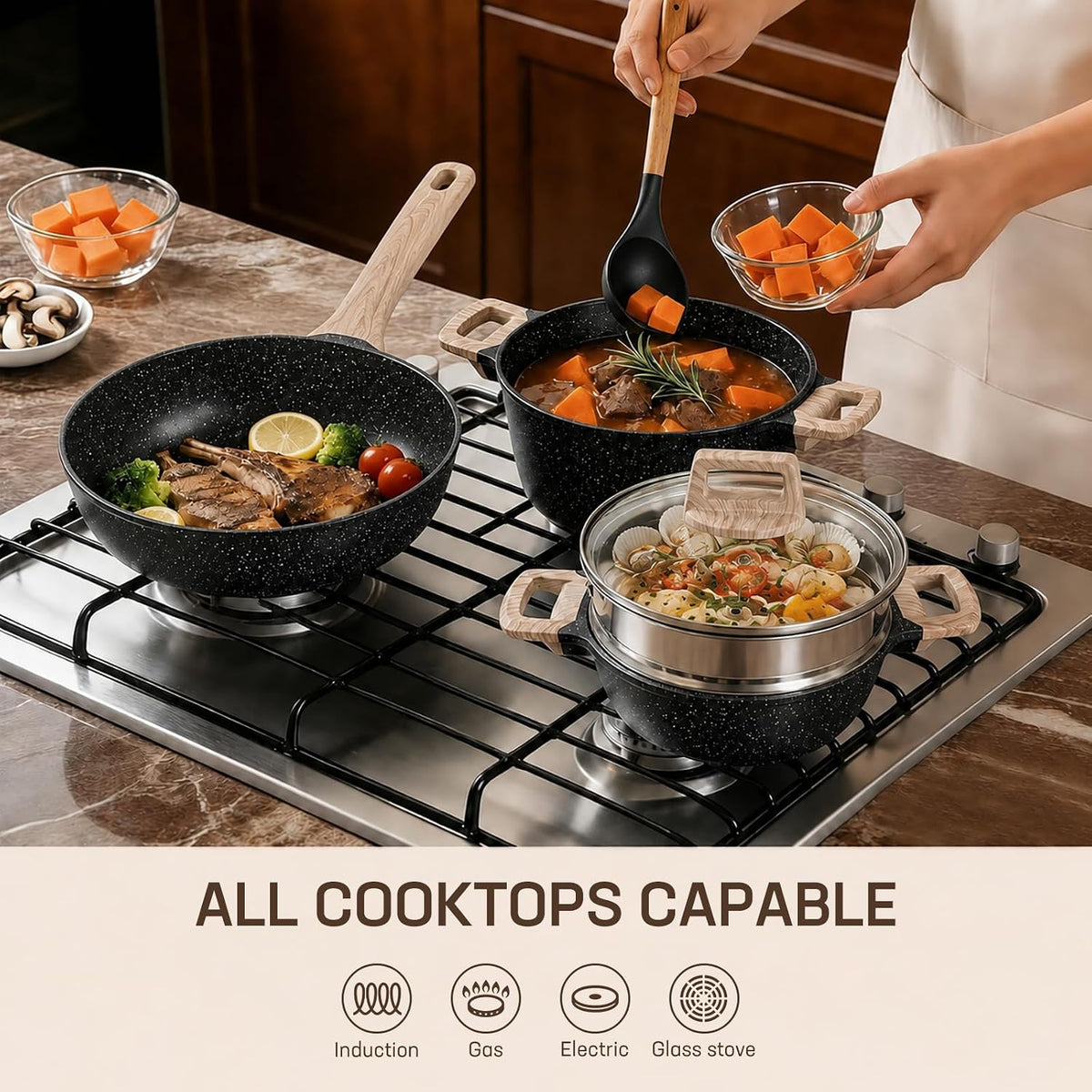 29-Piece Nonstick Cookware Set, Sauce Pots and Pans,3.5QT/4QT/5QT/8.8QT STOCK POT,10 PAN protector,7 utensil,All Cooktops Compatible, Includes Steamer,black