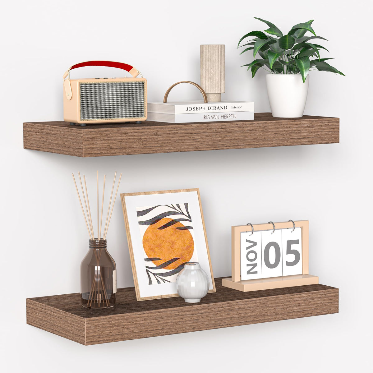 Fun Memories Floating Shelves - 2 Pack 12 Inch Rustic Wooden Wall Shelves - Extra Deeper & Thicker Wall Mounted Storage Shelf for Living Room, Kitchen, Farmhouse - 36" W x 12" D x 1.8" H - Brown