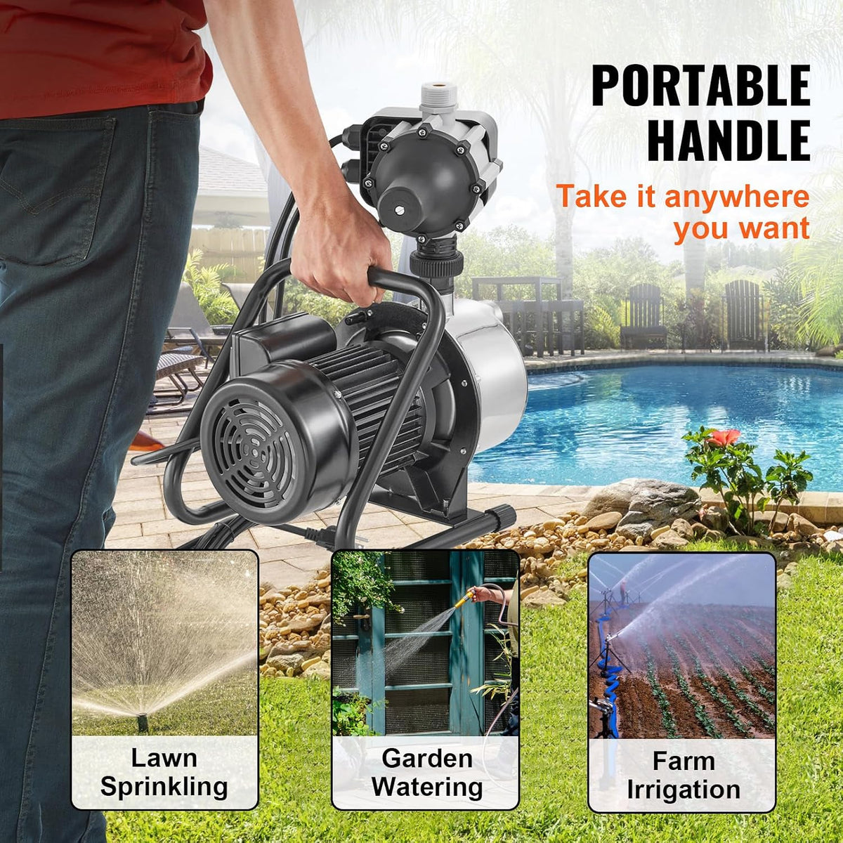 VEVOR 1HP Shallow Well Pump Portable, 1380 GPH Garden Jet Pump with Automatic Controller, 145 ft Head Stainless Steel Sprinkler Booster Pumps, for Garden Lawn Irrigation System, Water Transfer