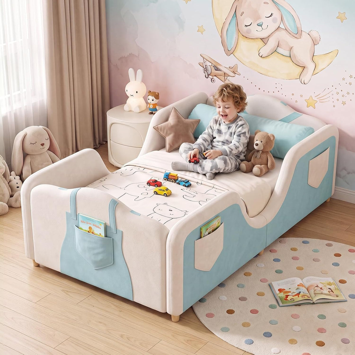 DoCred Toddler Bed, Upholstered Montessori Floor Bed with Dual Entrances