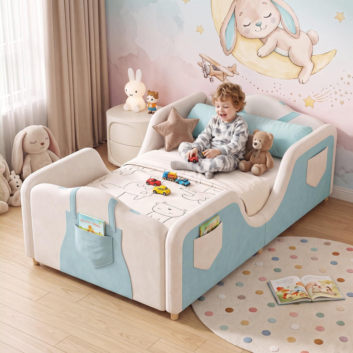 DoCred Toddler Bed, Upholstered Montessori Floor Bed with Dual Entrances