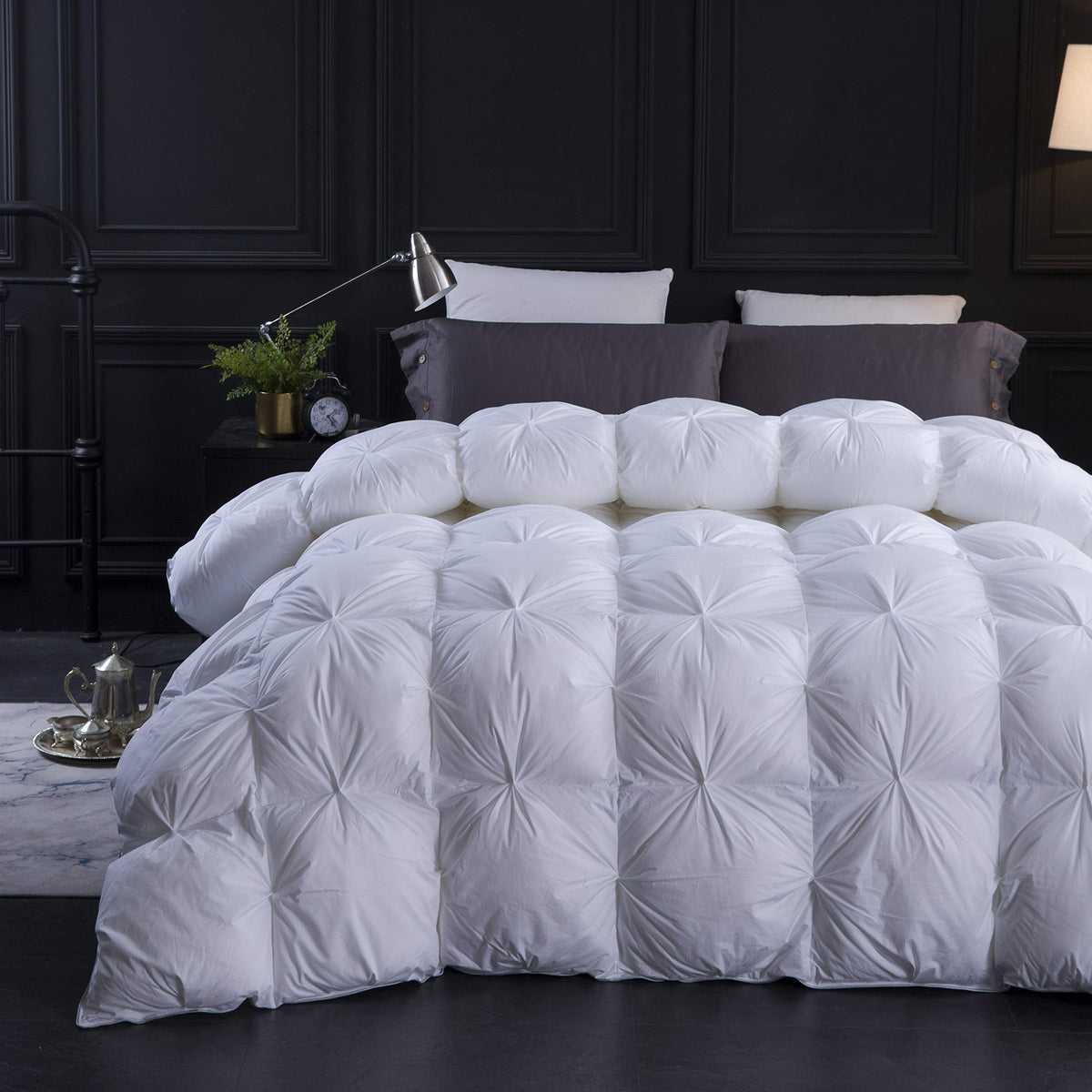 Three Geese Pinch Pleat Waterfowl Feathers and Down Comforter Queen Size Duvet Insert, 1200TC 100% Cotton Fabric, Premium All Seasons BlackGrey Warm Hotel Comforter with 8 Tabs.