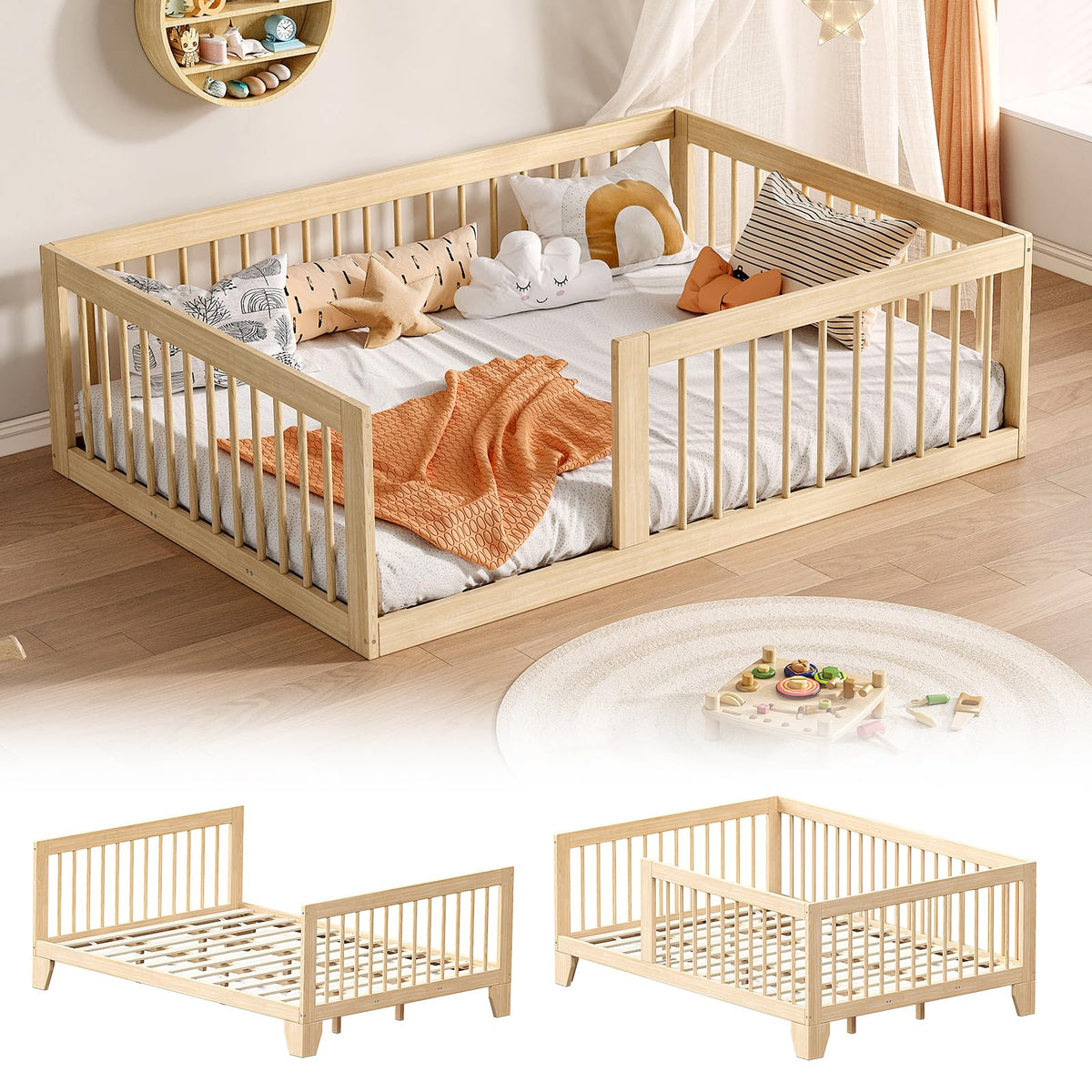 EXPERLAM Full Montessori Floor Bed for Kids, Removable Rails, White