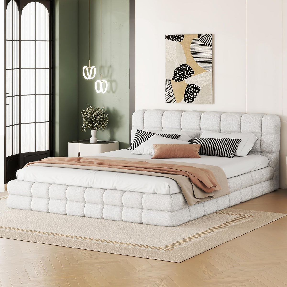 Grounded Bed Upholstered Platform Bed with Unique Design Thick Fabric Headboard, Wood Platform Bed Frame for Kids Adults Bedroom Furniture, Upholstered Floor Bed (Beige-1, King)