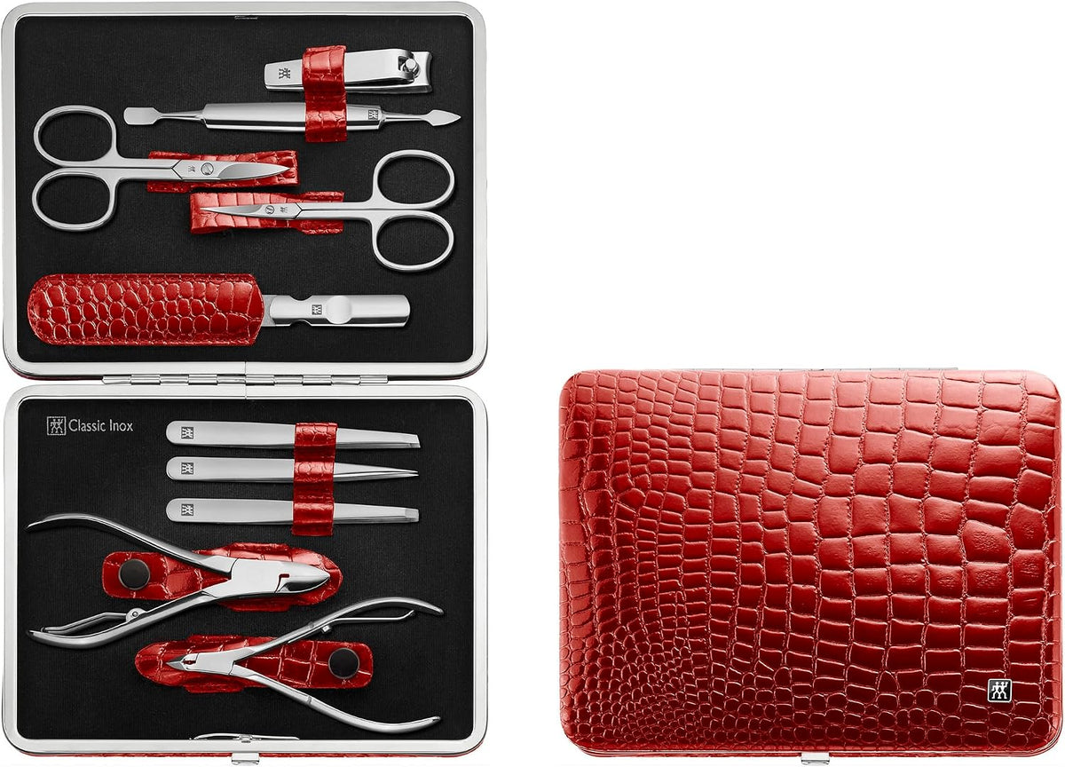 ZWILLING Manicure Set Pedicure Kit, Nail Care Complete Set, Cowhide, Croco Edition, 10-Piece, Red