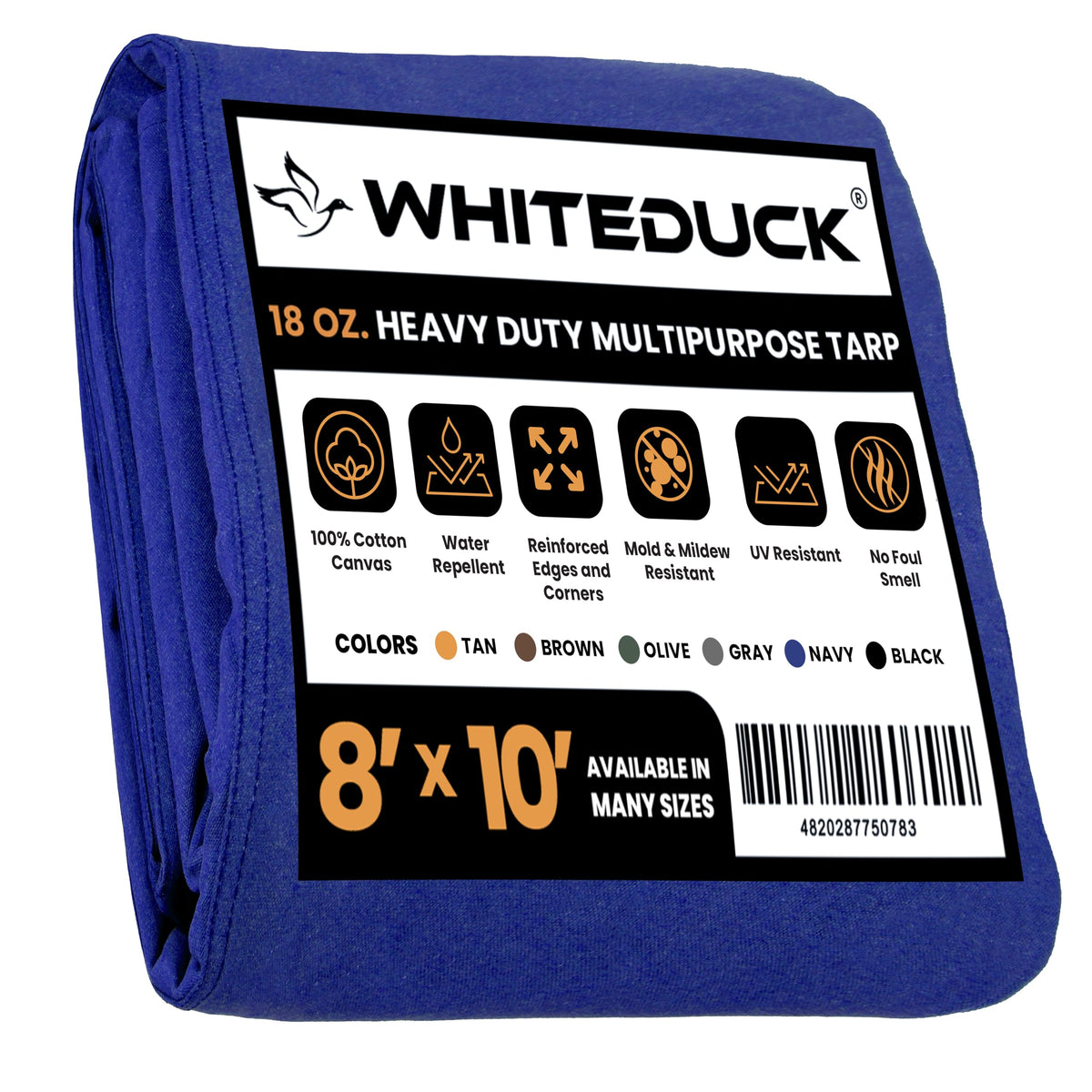WHITEDUCK Canvas Tarp 18 oz. Heavy Duty Water Repellent UV Resistant, Rustproof Grommets, Industrial & Commercial Use Cloth Tarp (Cut Size: 8'x12', Finished Size: 7'6"x11'6", Olive Drab)