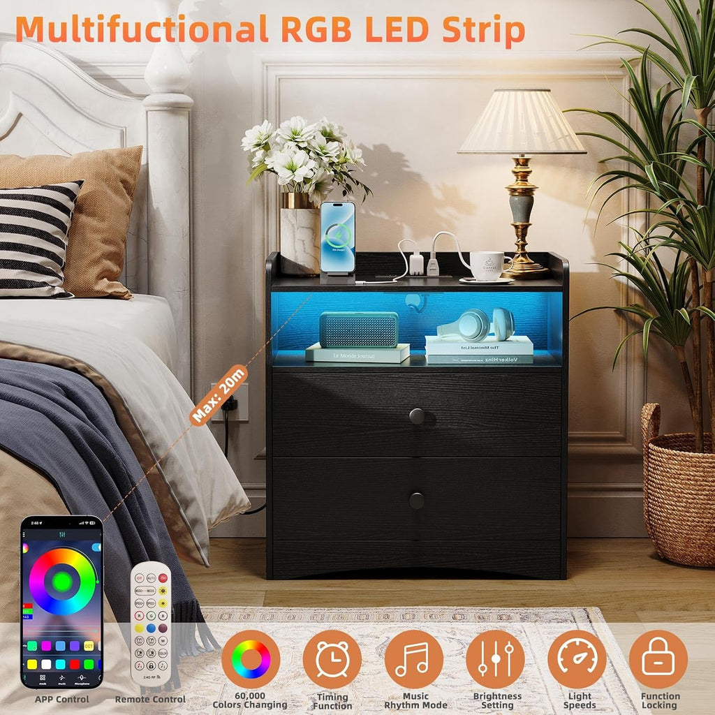 Memobarco Nightstand with Charging Station and LED Light, Black