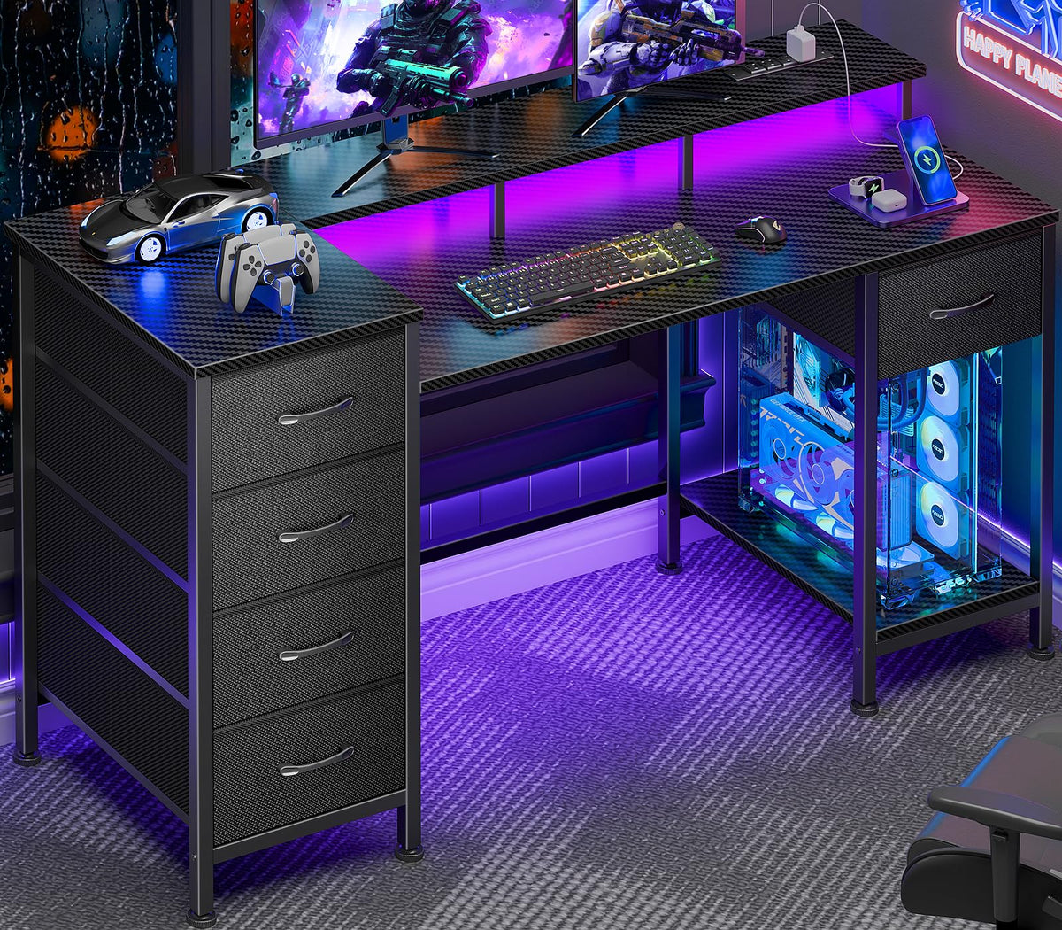 Korfile 47 Inch Gaming Computer Desk with Power Outlets,LED,5 Drawers,Black