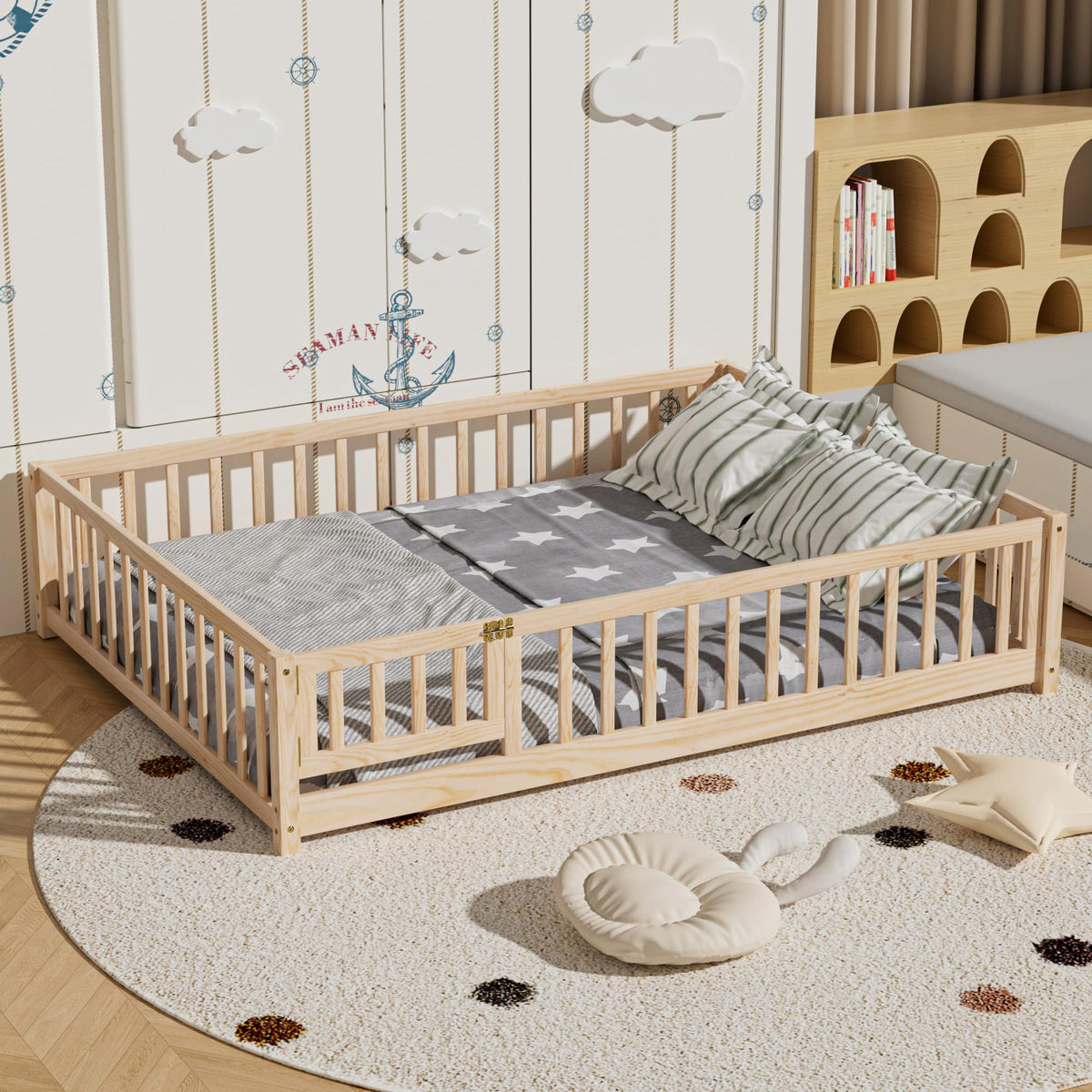 i-POOK Twin Floor Bed for Children, Sturdy Wood Montessori Bed Frame with Wood Slats, High Fence & Small Door, Montessori Floor Bed for Girls and Boys, White