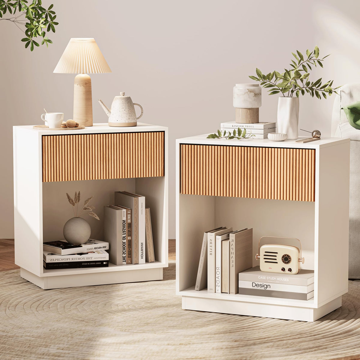 Fluted Nightstands Set of 2, Modern Bedside Table with Drawer and Storage Shelf, Wood End Table Mid Century Night Stands for Bedroom Living Room Sofa Couch Office (White+Oak)