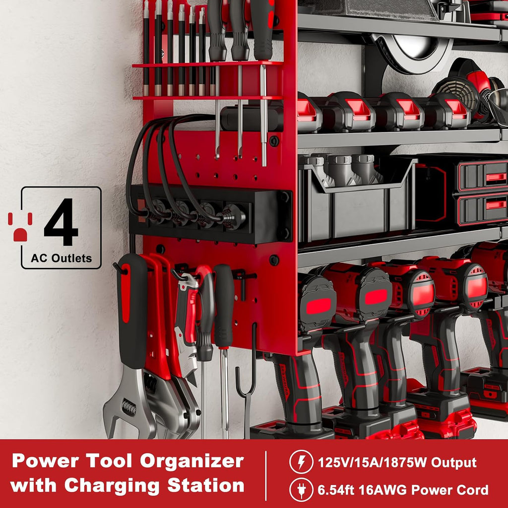 Power Tool Organizer Wall Mount, 12-Drill 4-Tier Charging Station, Red