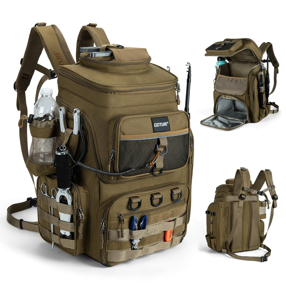 Goture Fishing Backpack with 4 Tackle Boxes,55L Tackle Backpack with Cooler