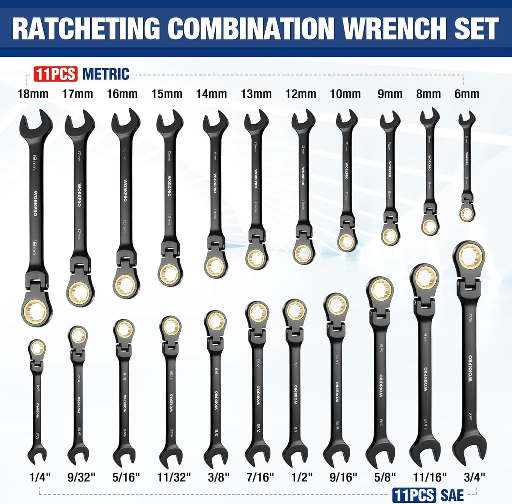WORKPRO 22-piece Ratcheting Wrench Set with 180° Flex Head, Anti-Slip