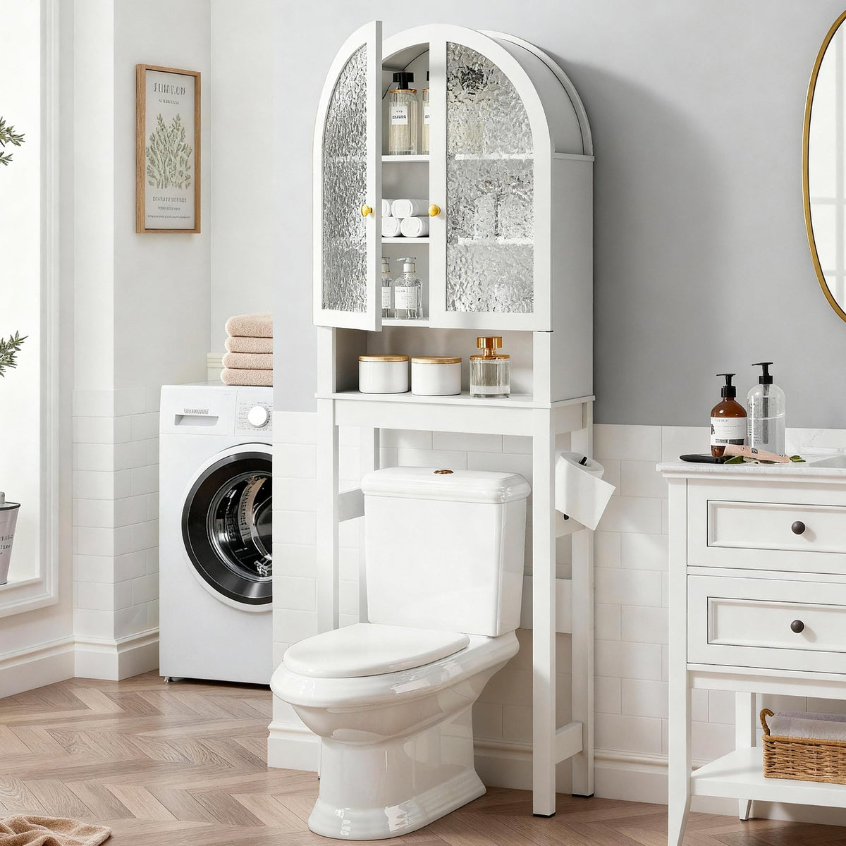 HMstone Over The Toilet Storage Cabinet, Arched Bathroom Organizer and Storage with Rattan Doors and Adjustable Shelf, Space-Saving Freestanding Bathroom Modern Storage Cabinet Over Toilet (Natural)
