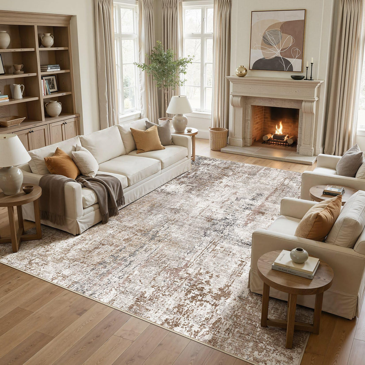 UERMEI 9x12 Area Rug Living Room Rugs - Washable Neutral Modern Abstract Soft Thin Large Rug Indoor Floor No Slip Rug Carpet for Bedroom Under Dining Table Home Office Decor - Brown Grey