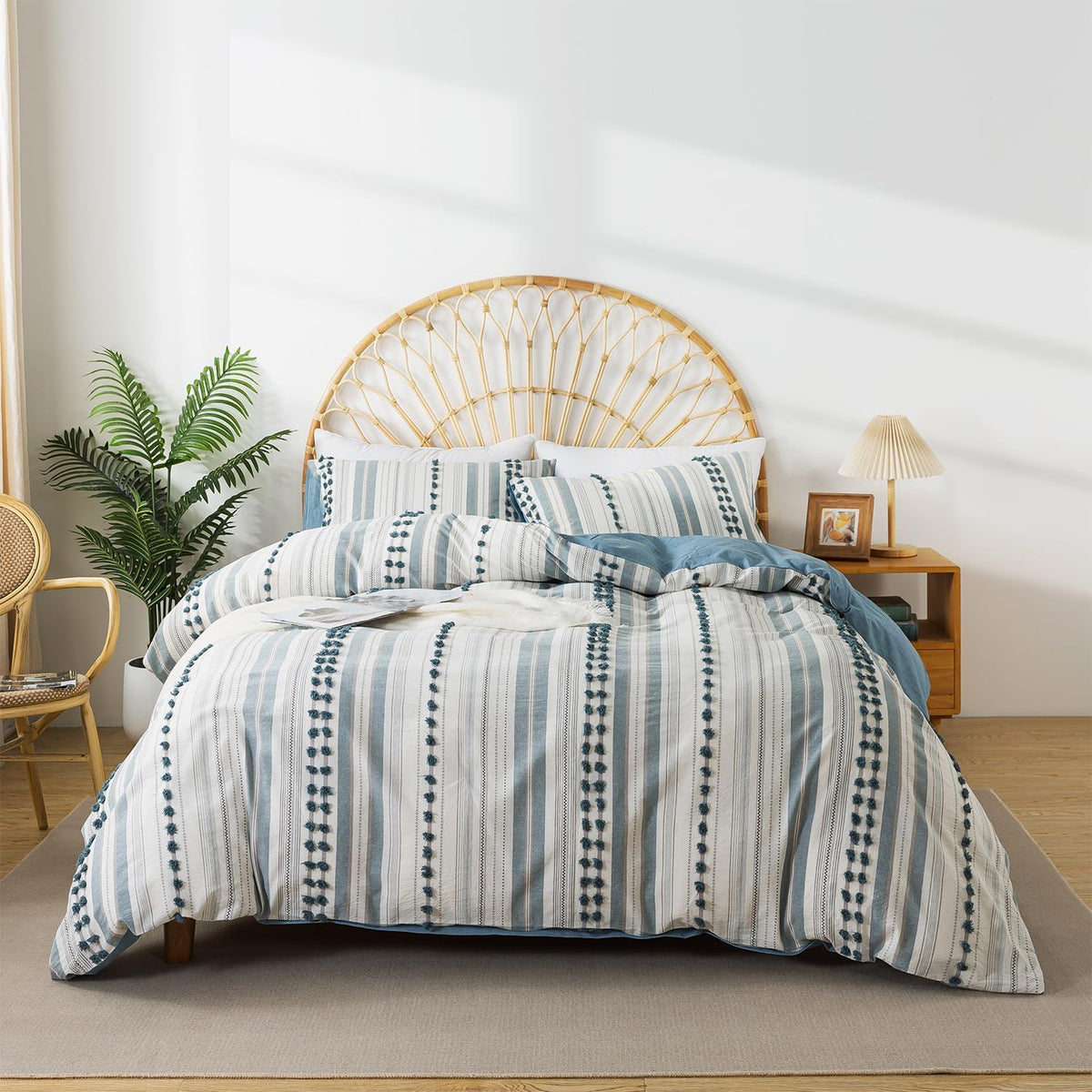 Washed Cotton Queen Size Duvet Cover Set - Tufted Dots Boho Chic Bedding for All Seasons, Striped Pom Pom Bedding Linen Like Textured Breathable Durable Soft Comfy (Yellow, 90x90'')