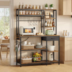 30" Kitchen Small Bakers Rack with Power Outlet & LED Light, 6-Tier Microwave Stand with Storage Drawer, Coffee Bar Shelf with 8 S-Shaped Hooks, Metal Kitchen Storage Shelf, Rustic Brown