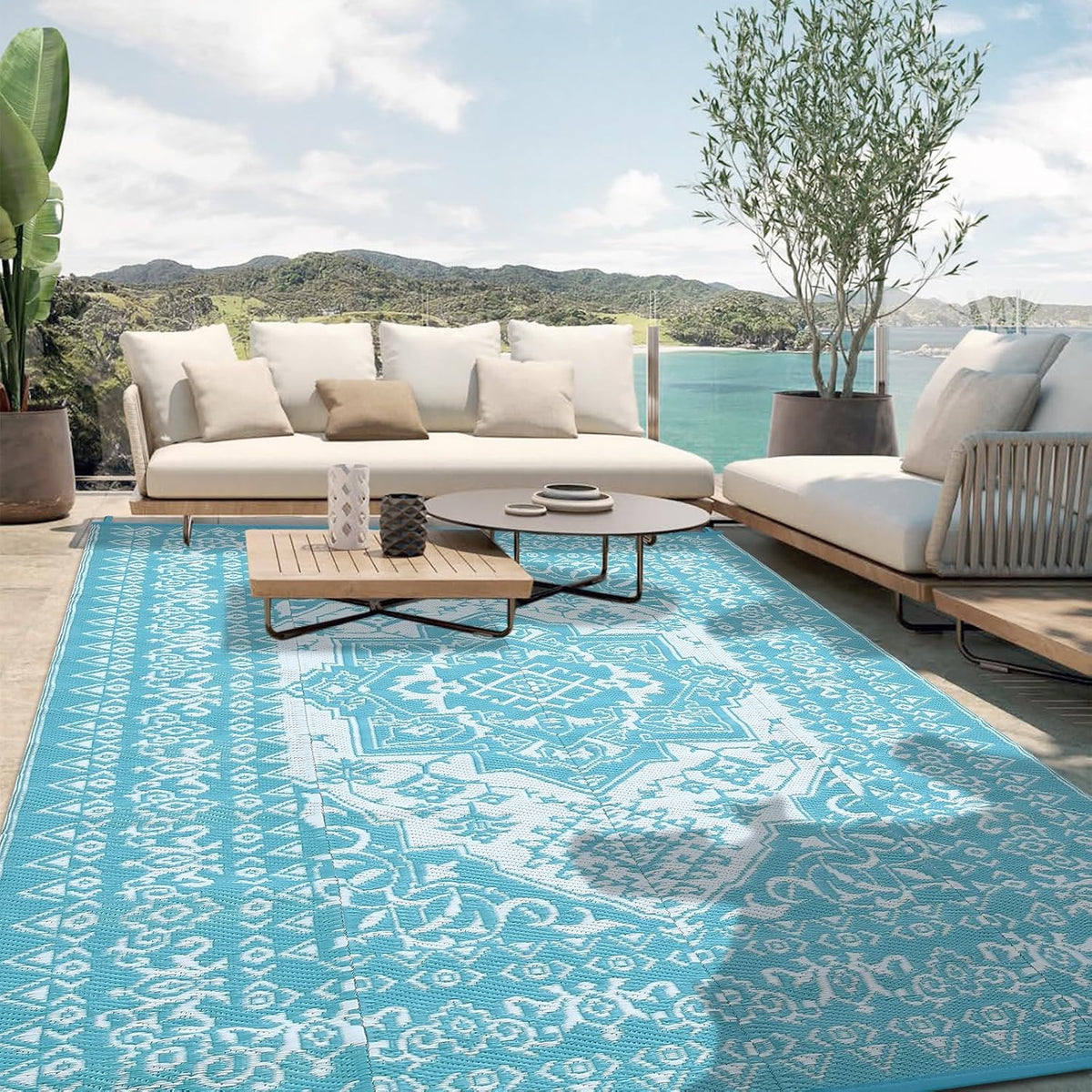 Outdoor Rugs 9x18 Reversible Mats Outdoor Plastic Straw Rug Waterproof Patio Rug Vintage Reversible Mats for Rv Deck Balcony Picnic, Beach, Trailer, Camping, Vintage|Light Blue