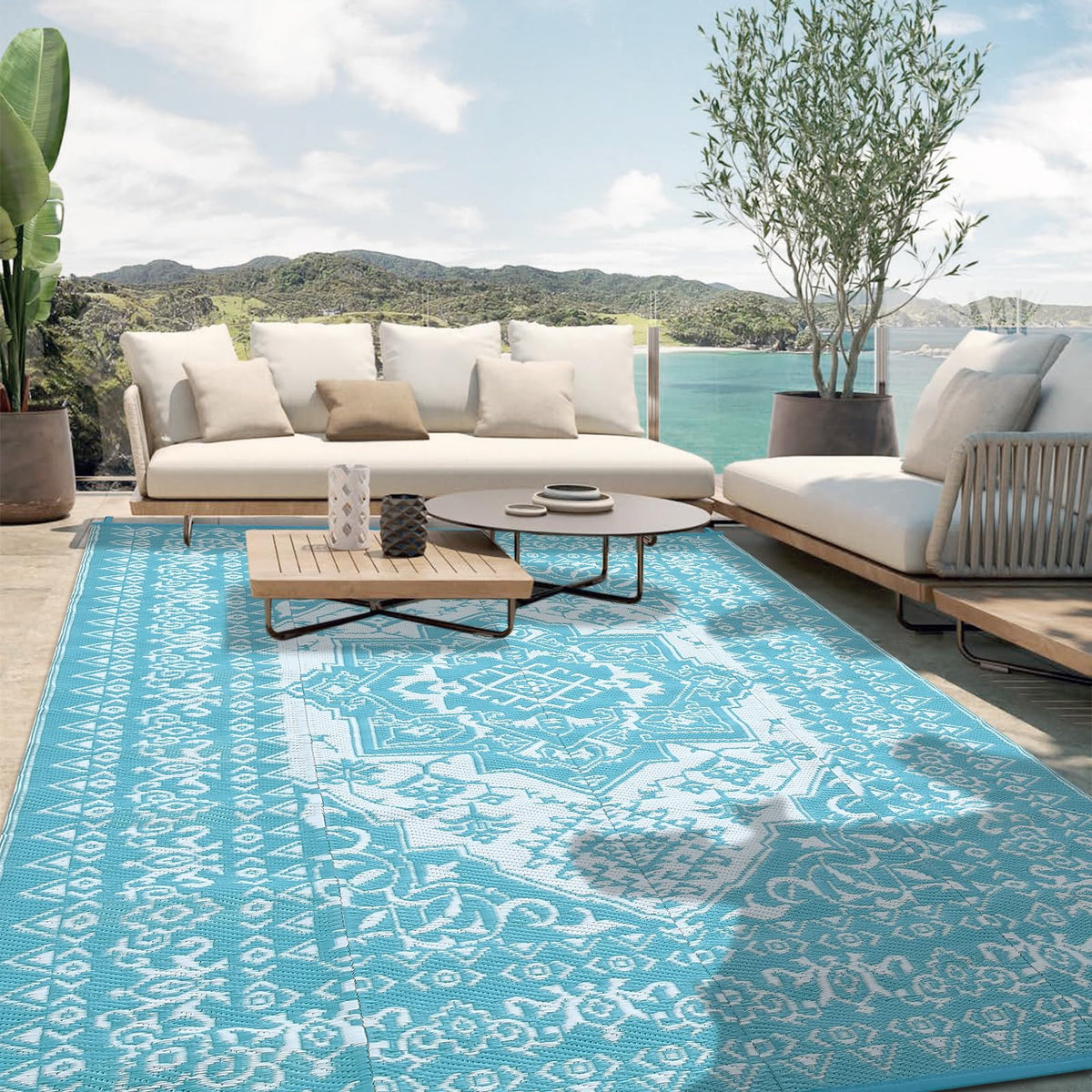 Outdoor Rugs 9x18 Reversible Mats Outdoor Plastic Straw Rug Waterproof Patio Rug Vintage Reversible Mats for Rv Deck Balcony Picnic, Beach, Trailer, Camping, Vintage|Light Blue