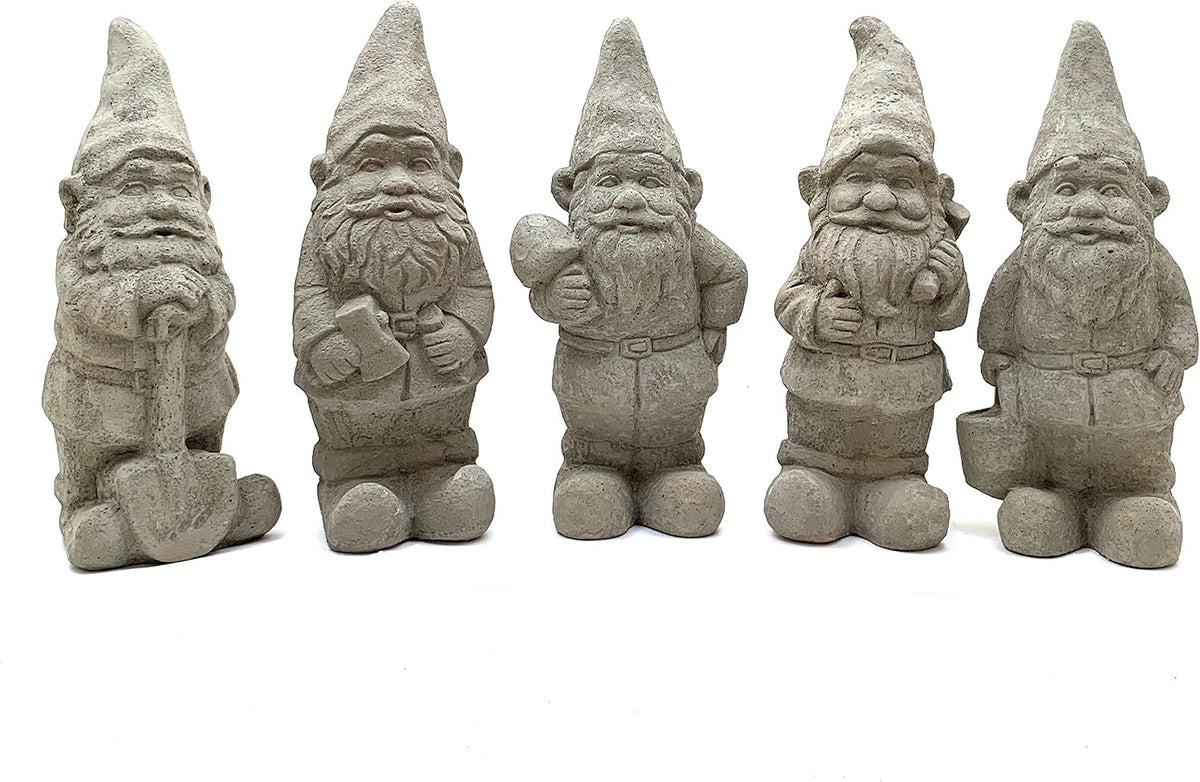 Vintage Garden Gnomes (Set/5): Solid Durable Stone Statue with Aged Texture. Sealed for Outdoor Use. Handcrafted USA. (Antique/Gray)