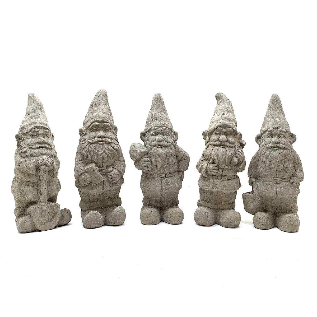 Vintage Garden Gnomes (Set/5): Durable Solid Stone Statues with Aged Texture. Sealed for Outdoor Use. Handcrafted USA. (Classic/Whitish)