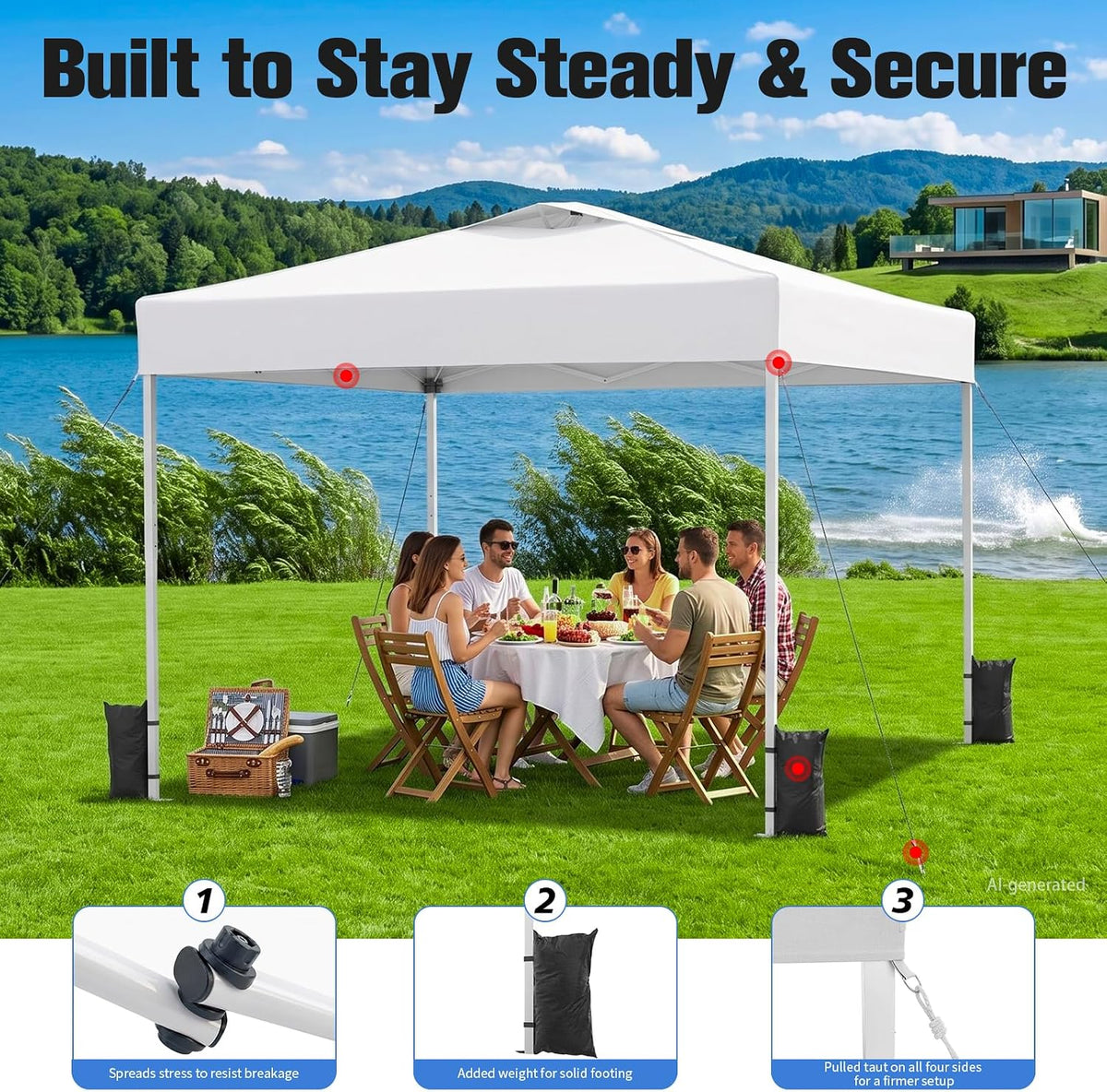 10x10 Pop Up Canopy Tent with One Push Setup, 3 Adjustable Heights, White