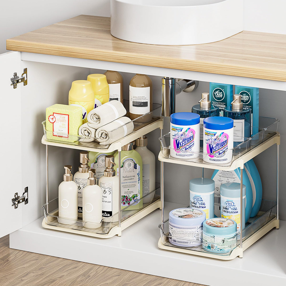 Delamu 2-Tier Multi-Purpose Bathroom Under Sink Organizers and Storage, Stackable Kitchen Pantry Organization, Pull Out Medicine Cabinet Organizer with Movable Dividers, White, 4Pack