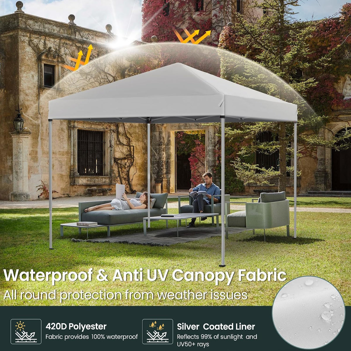 Shades 10x10 Pop Up Canopy, Heavy Duty Beach Tent with Carrying Bag for Easy Moving, Sun Shelter for Parties, Events, Camping, Outdoor Gazebo with 420D PU Coated Waterproof White Fabric